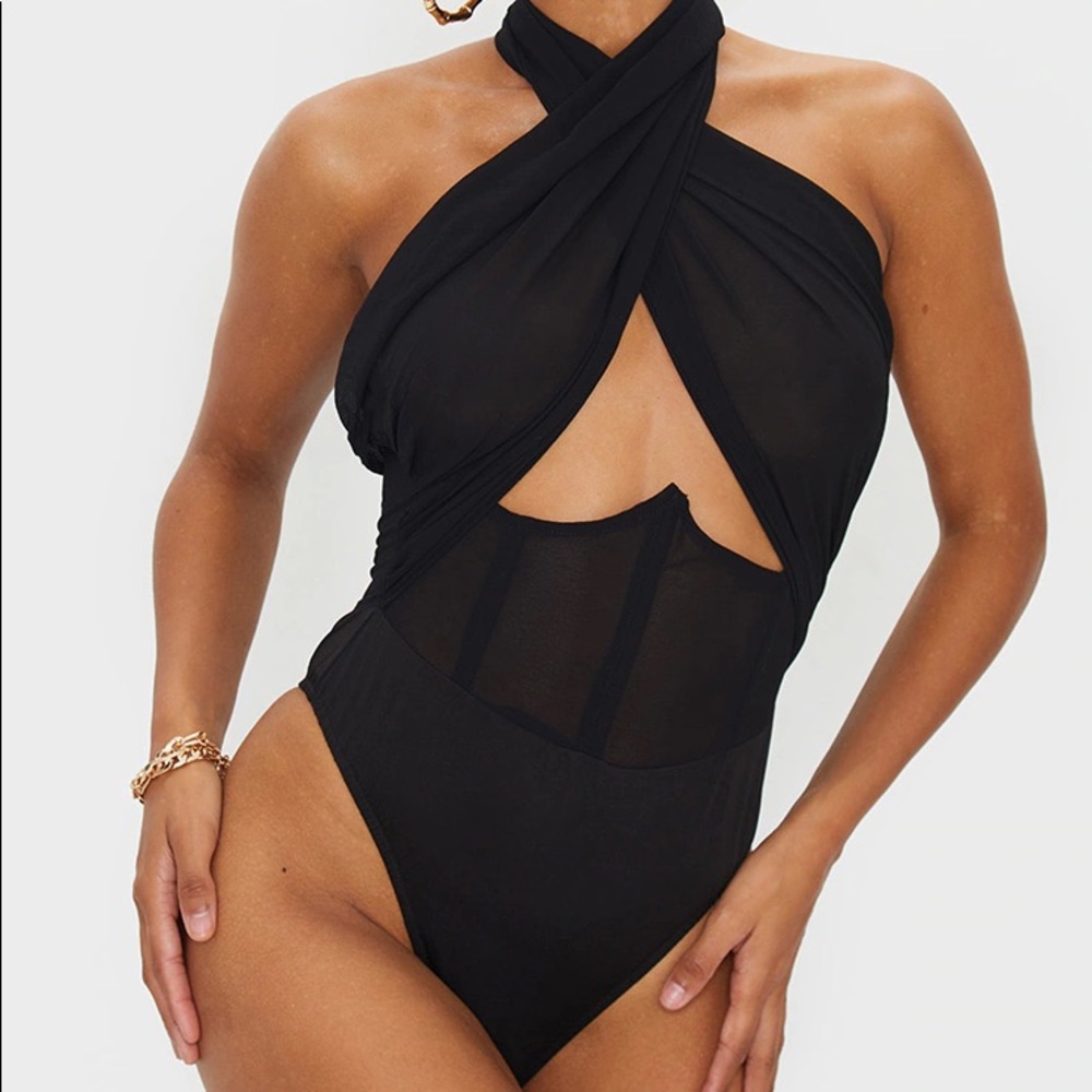 Black Chiffon Haltertop Underbust Corset Bodysuit